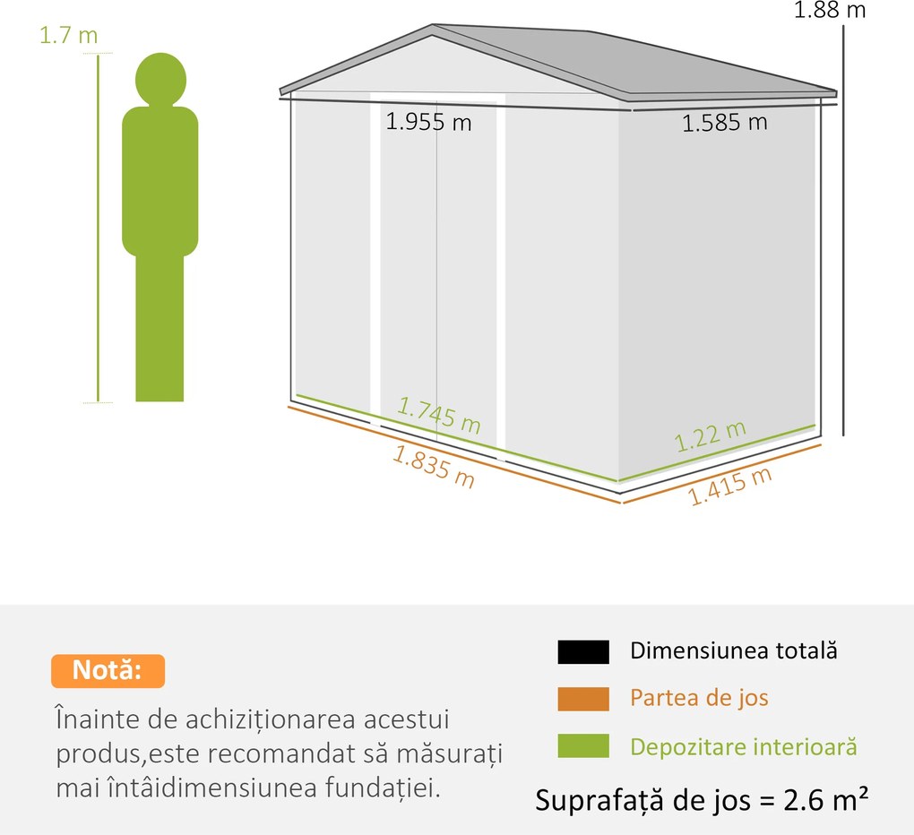 Outsunny Șopron de Grădină din Oțel cu 2 Uși Glisante, Negru, 2,6 m² | Aosom Romania