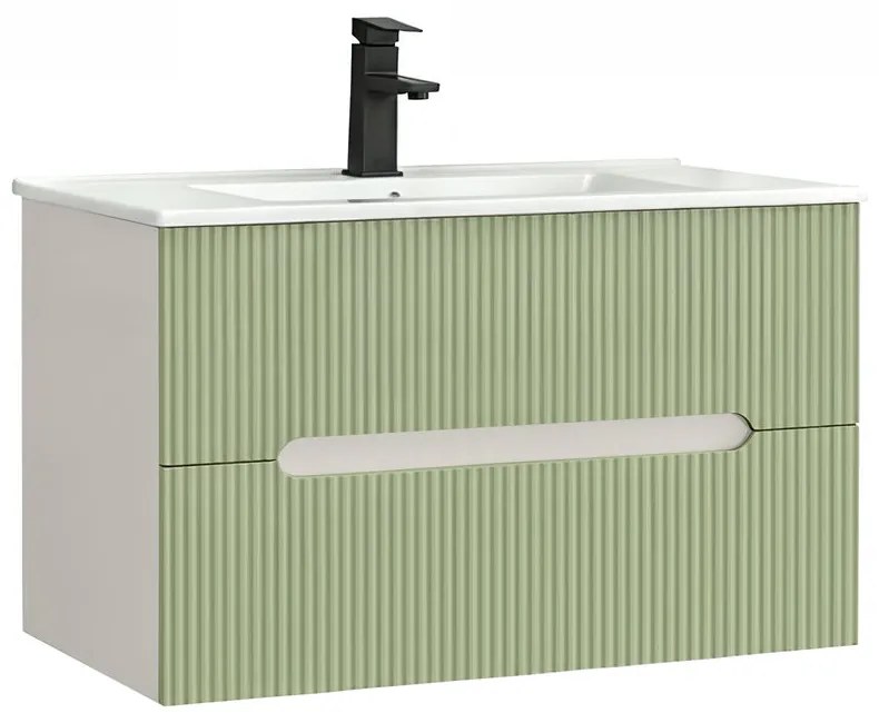 Trent 80 dulap de baie inferior cu chiuvetă ceramică (2 sertare) alb-verde deschis
