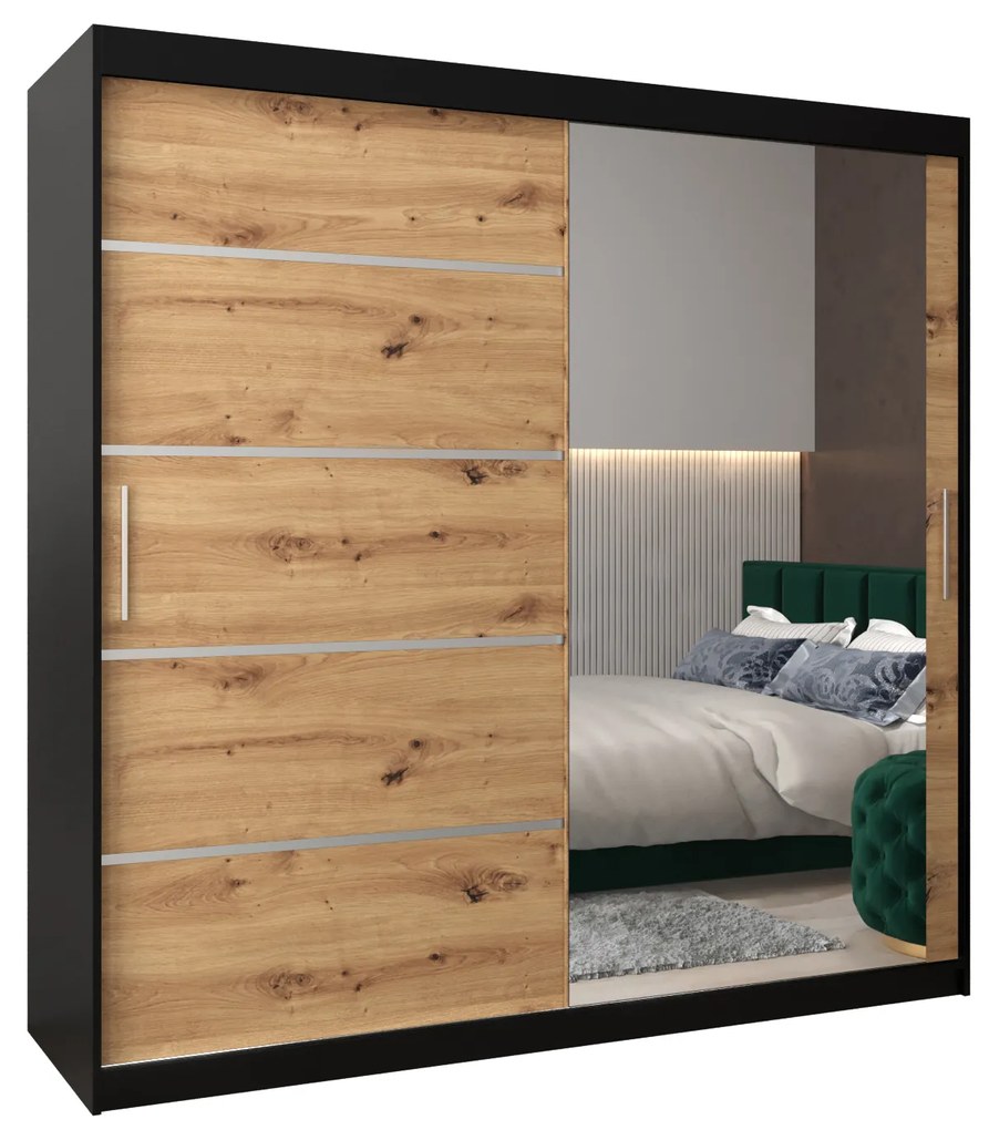 Dulap de haine 200 cm cu oglindă Verika 2 200 (negru + stejar artisan). 1064227