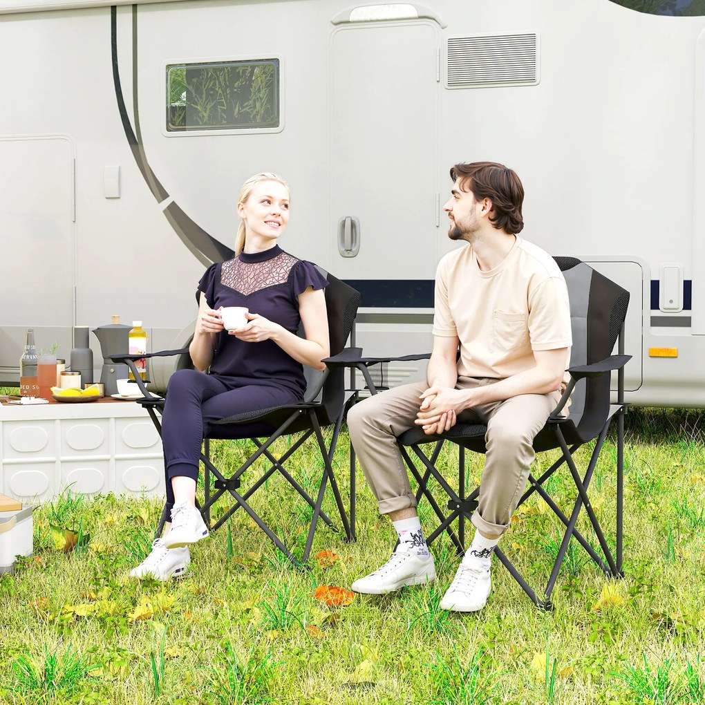 Outsunny Lot de 2 scaune pliante camping rembursate cu spătar înalt cu suport pentru pahar, greutate 120 kg, gri închis | Aosom Romania