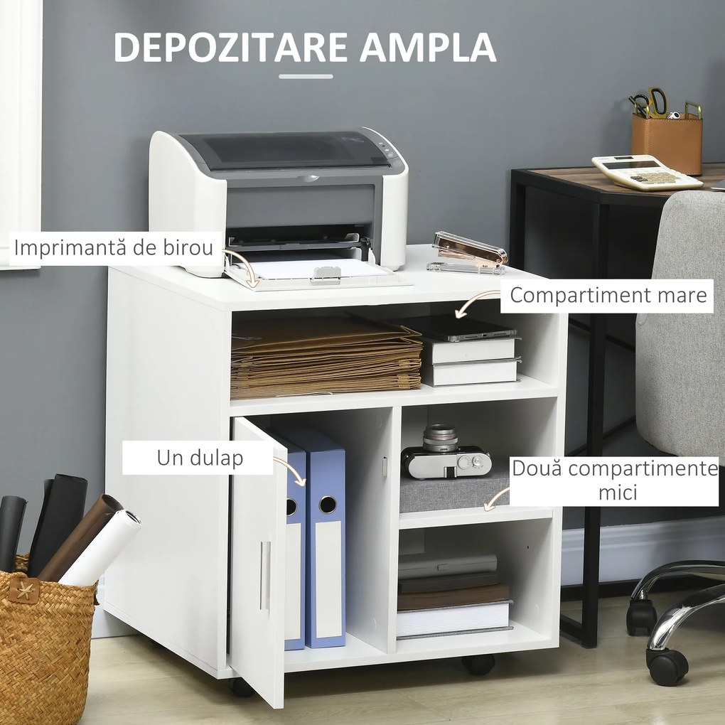 HOMCOM dulap cu sertare, cu 4 roti si 2 frane, usor de mutat, Dulap birou din Lemn, cu Rafturi Deschise, 60x50x65.5cm, Alb | Aosom Romania