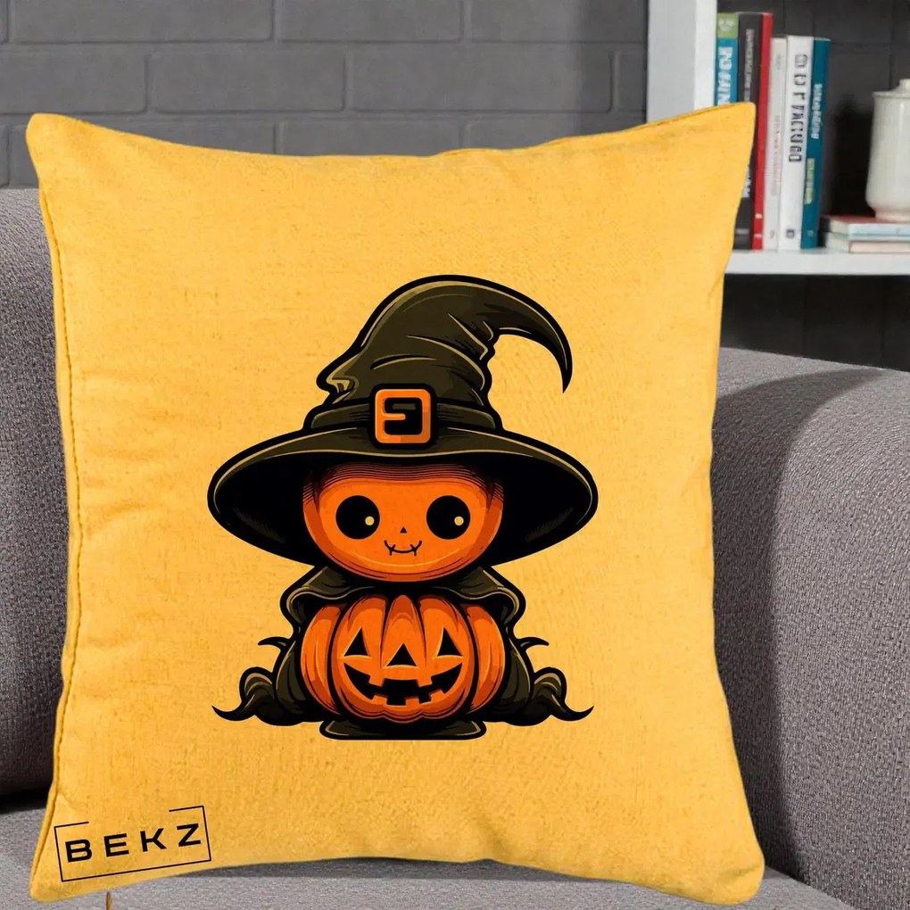 Perna Decorativa Halloween Dovleac Vrajitor Kawaii, 40x40 cm, Galben, Husa Detasabila, Perna Inclusa, BEKZ®