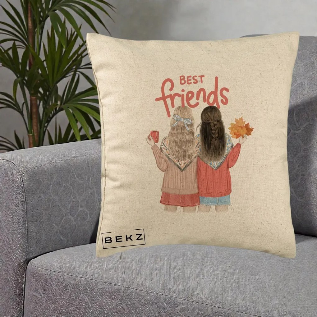 Cadou pentru Prieteni - Perna Personalizata Best Friends Toamna, 40x40 cm, Bej, Husa Detasabila, Perna Inclusa, BEKZ®