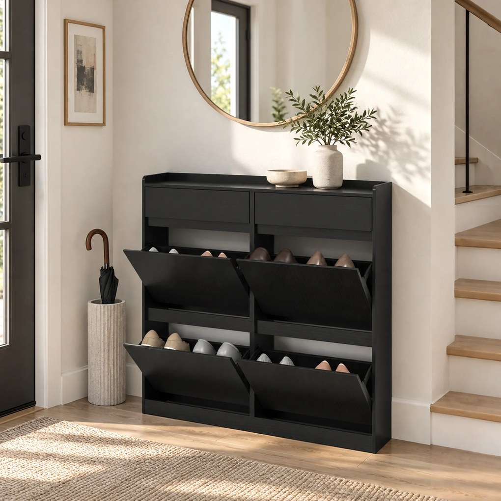 HOMCOM Pantofar Slim din Lemn cu 4 Sertare Rabatabile și 2 Sertare Glisante, 98 x 19,2 x 95,3 cm, Negru | Aosom Romania
