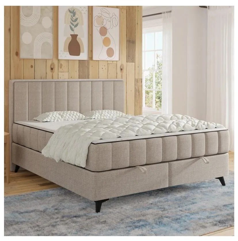 Pat tapițat ALICIA 140x200 cm, bej, cu saltele și topper incluse, cu spațiu de depozitare