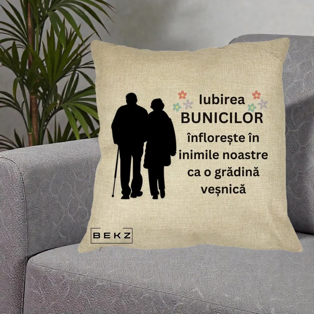 Cadou pentru Bunici - Perna Personalizata Bunicii Iubirea Infloreste Silueta Neagra Flori, 40x40 cm, Crem, Husa Detasabila, Perna Inclusa, BEKZ®