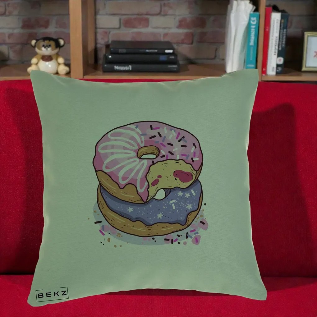 Perna Decorativa Donuts Roz si Mov, 40x40 cm, Verde, Husa Detasabila, Perna Inclusa, BEKZ®