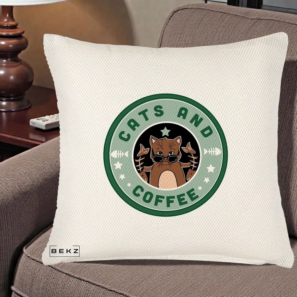 Perna Personalizata Cats and Coffee Starbucks, 40x40 cm, Crem Reliefat, Husa Detasabila, Perna Inclusa, BEKZ®