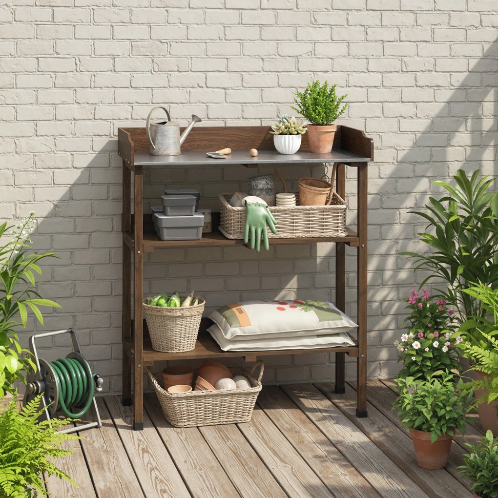 Outsunny Masă de grădină din lemn cu suprafață metalică, rafturi și cârlige pentru grădină, terasă 76x37x89 cm Carbonizat | Aosom Romania