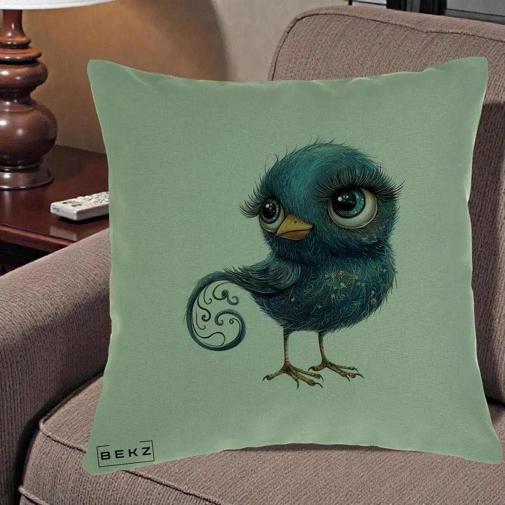 Perna Decorativa Pasare Teal cu Motive Aurii si Coada Spiralata, 40x40 cm, Verde, Husa Detasabila, Perna Inclusa, BEKZ®