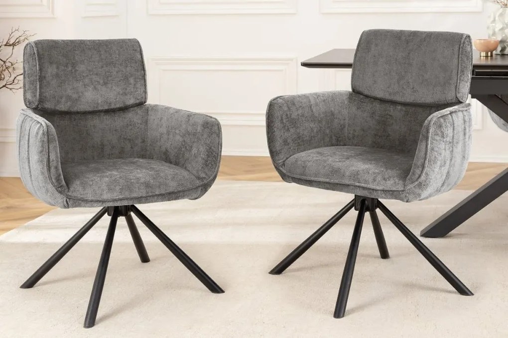 Set de 2 scaune pivotante, Metal Negru, Chenille Gri, UNIQUE A-46321 VC