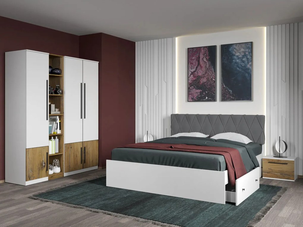 Set mobila dormitor 4 piese Alb/Stejar Eclipse C04
