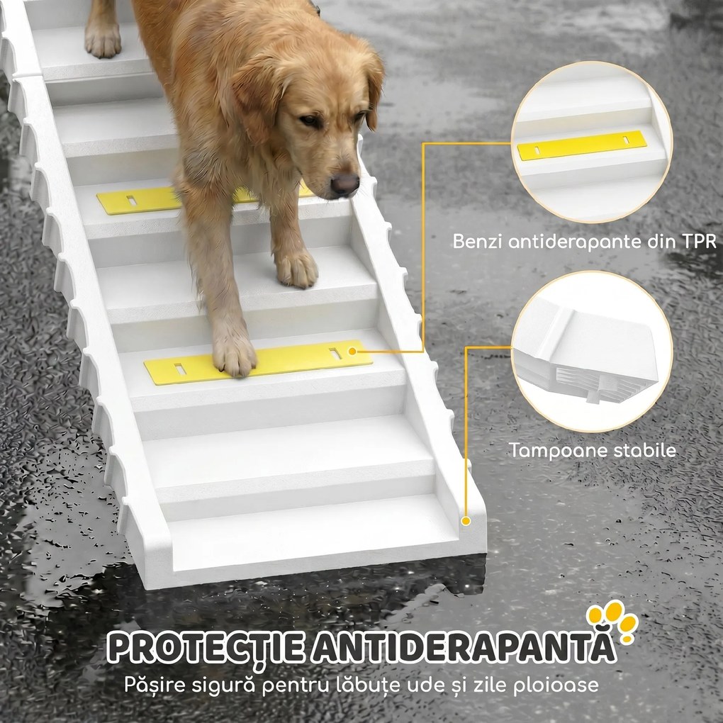 PawHut Rampă Pliabilă pentru Câini pentru Mașină și Paturi Înalte, cu 10 Trepte, Benzi și Covorașe Antiderapante, Albă | Aosom Romania