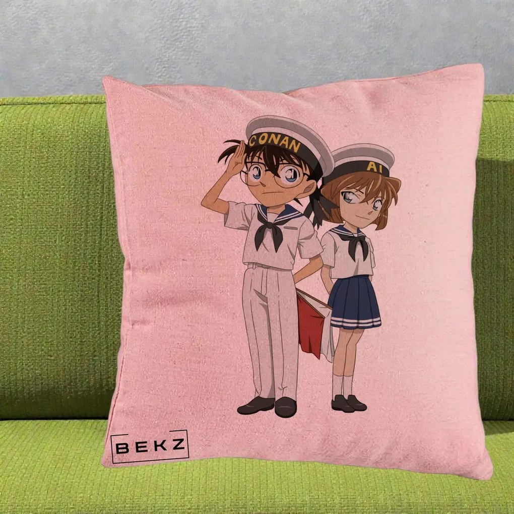 Perna Personalizata Detective Conan Conan si Ai Sailor, 40x40 cm, Roz, Husa Detasabila, Perna Inclusa, BEKZ®