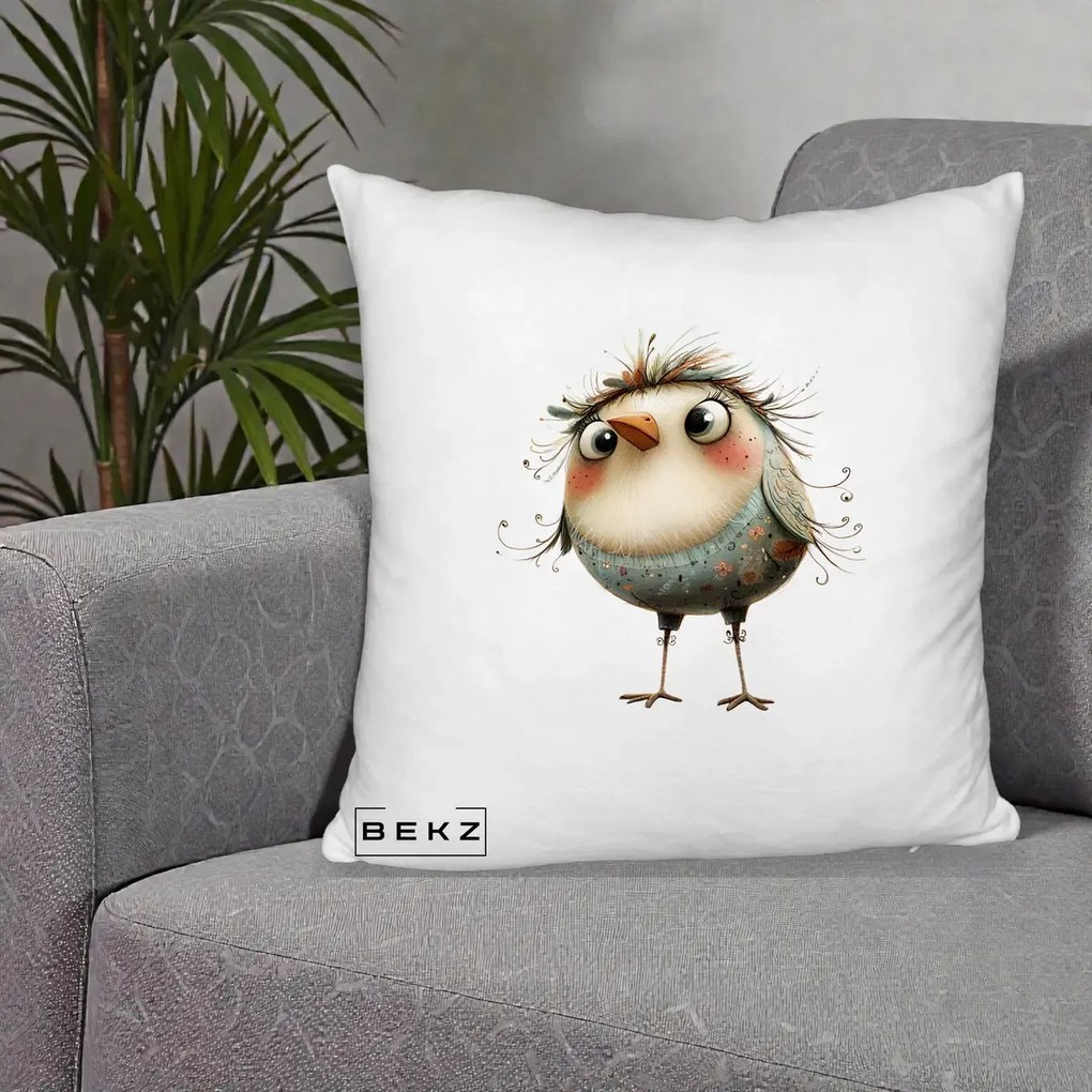 Perna Decorativa Pasare cu Penaj Zbarlit si Gene, 40x40 cm, Alb Pufos, Husa Detasabila, Perna Inclusa, BEKZ®