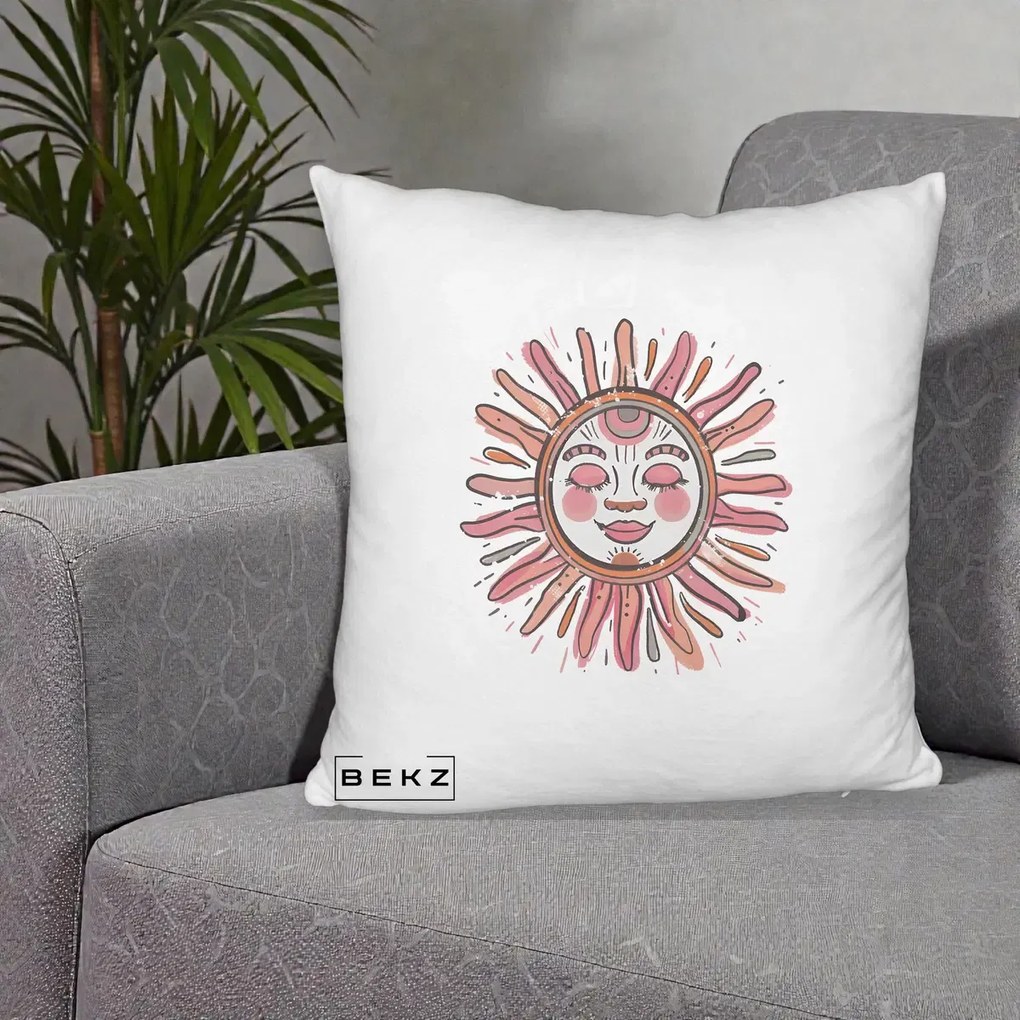 Perna Decorativa Soare Roz Tribal, 40x40 cm, Alb Pufos, Husa Detasabila, Perna Inclusa, BEKZ®