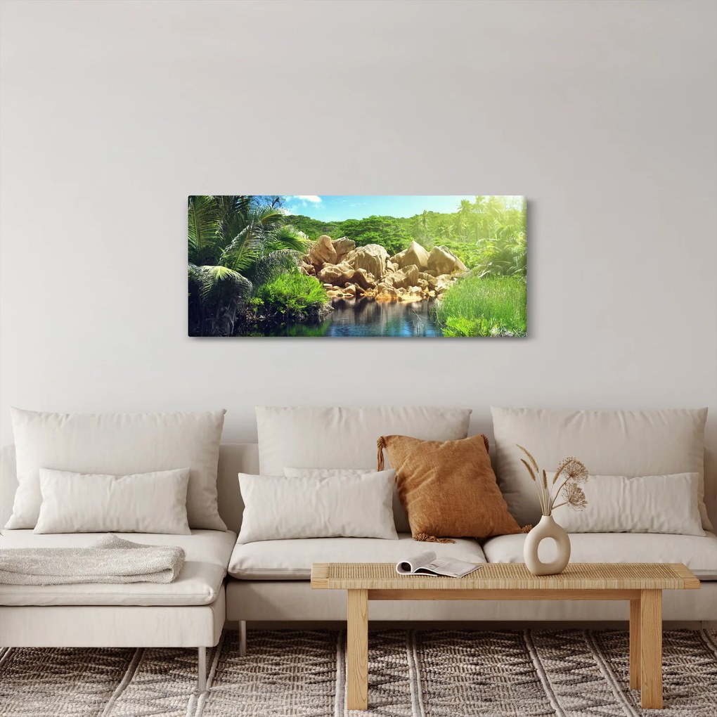 Tablou cu lac în jungla din Seychelles (120x50 cm)