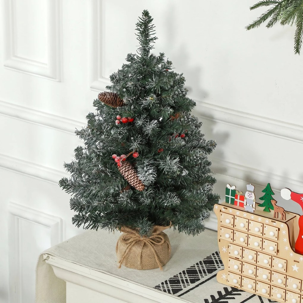 HOMCOM Mini brad de Crăciun 60 cm cu lumini integrate, 86 ramuri, conuri de pin, bobițe roșii, bază din ciment, verde | Aosom Romania