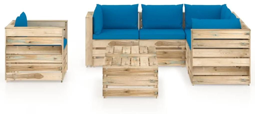Set mobilier de gradina cu perne, 8 piese, lemn verde tratat light blue and brown, 8