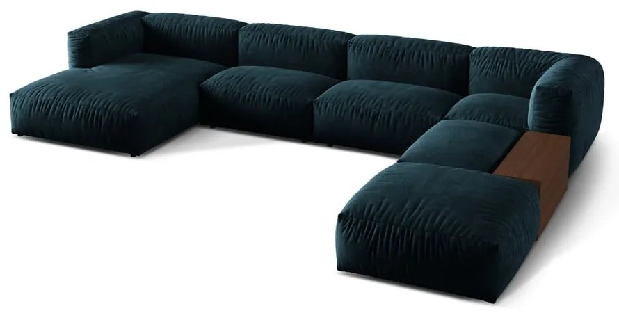 Colțar modular albastru închis cu tapițerie din catifea (cu colț pe partea dreaptă/în formă de "U") Martina – Micadoni