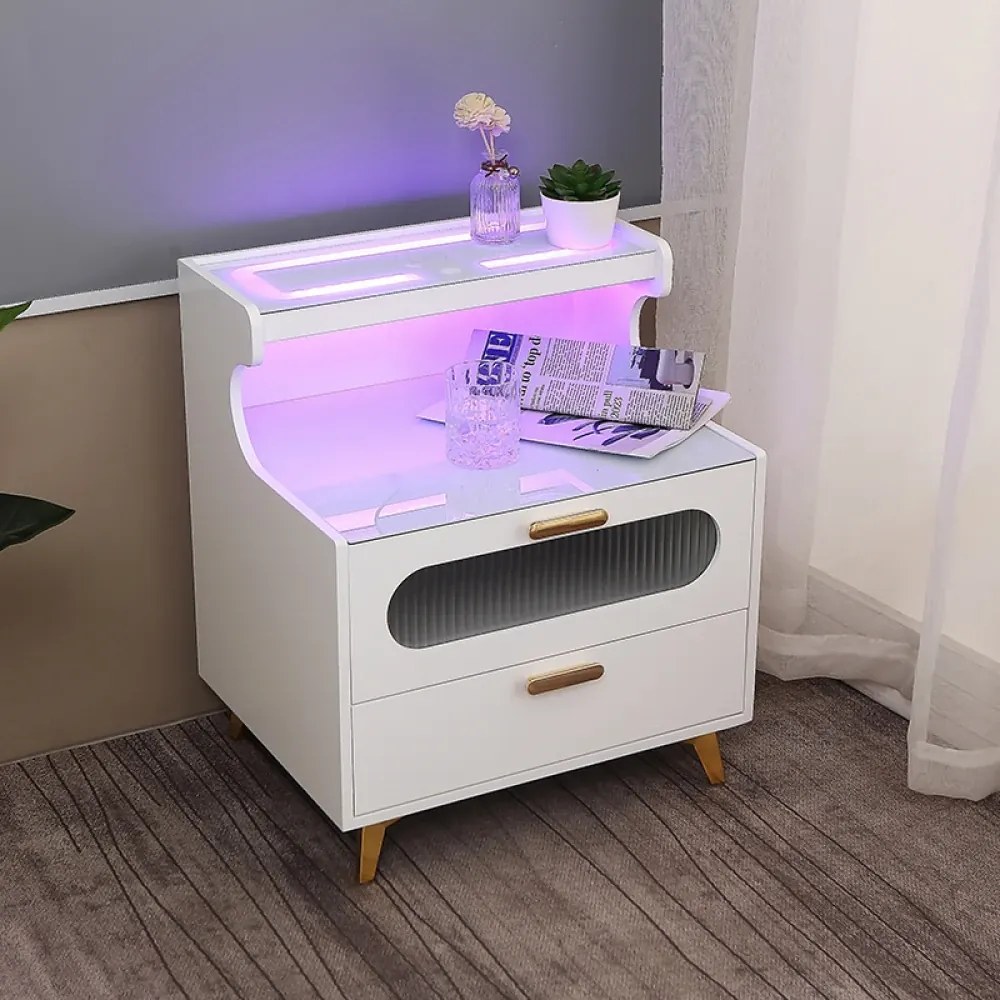 Noptieră inteligentă multifunctională, lumină LED RGB, încarcare wireless, 2 sertare, sticlă securizată, Alb