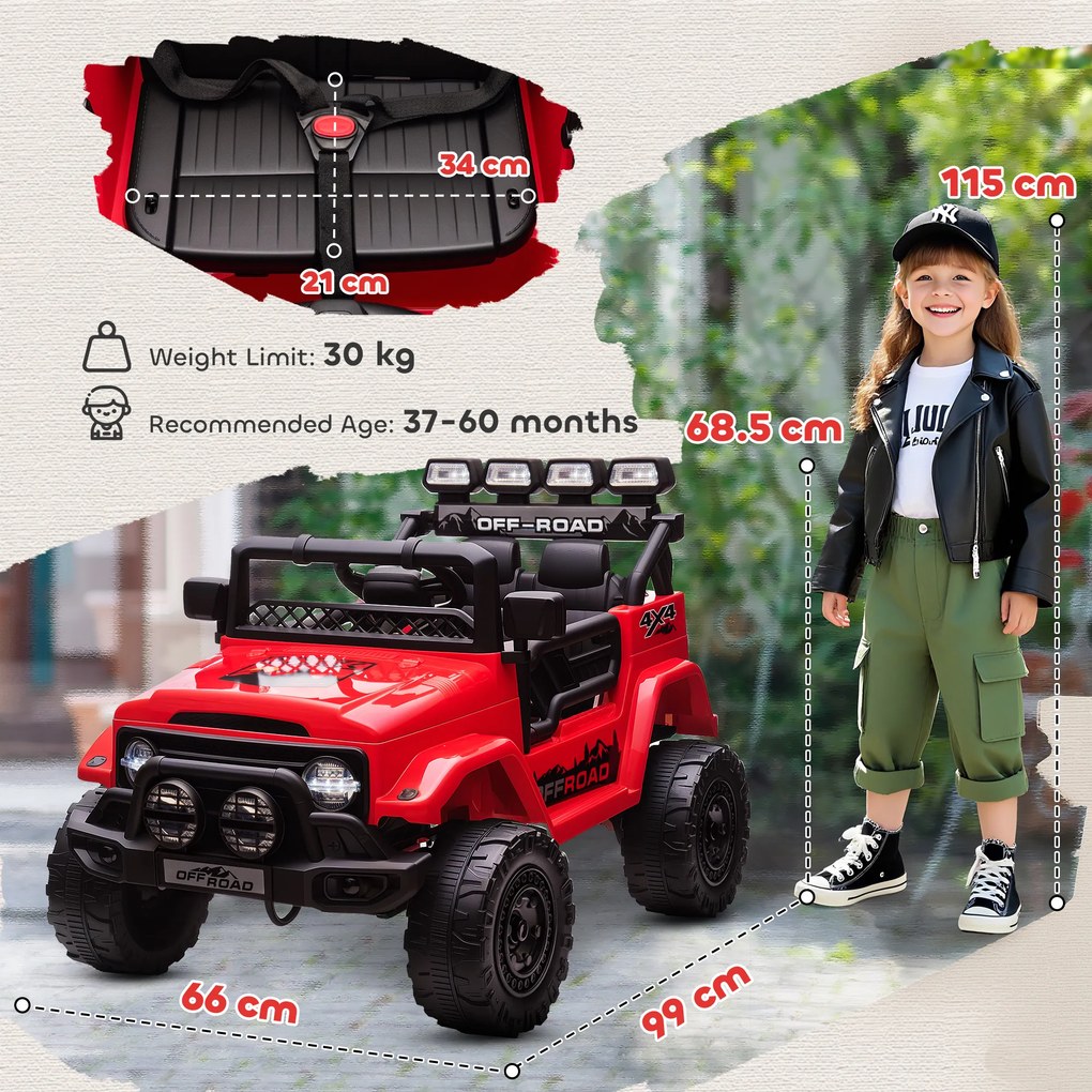 AIYAPLAY Off-road pentru Copii cu Faruri, Claxon, Centură și Telecomandă, din PP și Metal, 99x66x68.5 cm, Roșu | Aosom Romania