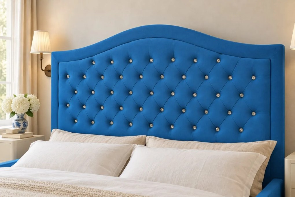 Pat tapițat Chesterfield din catifea Solaria Deluxe Cristal 200×200 cm, albastru, cu ladă de depozitare