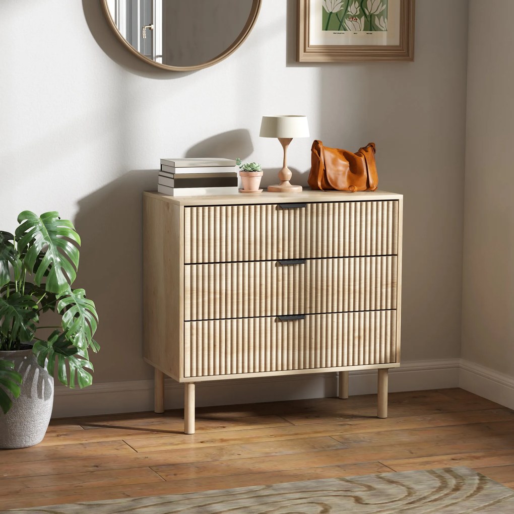 HOMCOM Comodă cu 3 Sertare, Picioare din Lemn Masiv și Design Canelat, 80x40x77,5 cm, Lemn Natural | Aosom Romania