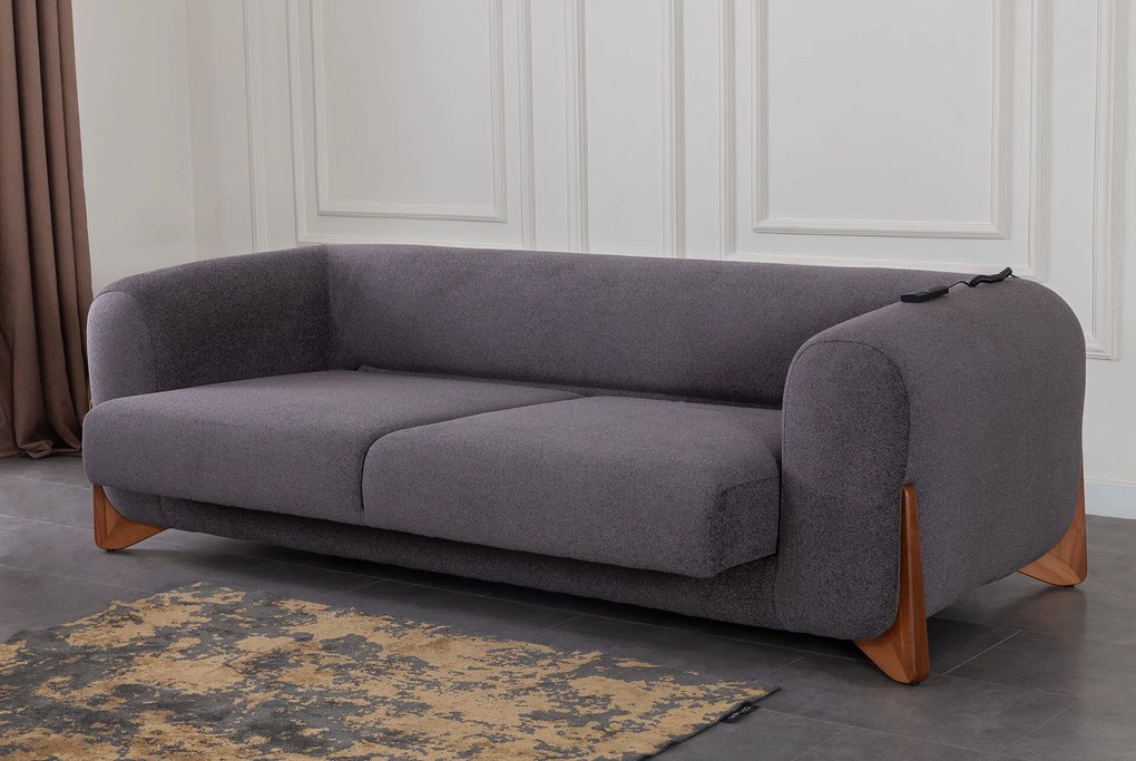 Canapea extensibila electric, cu picioare de lemn, 3 locuri puffy (240x105x70) - gri