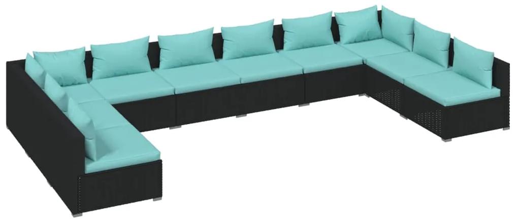 Set mobilier de gradina cu perne, 10 piese, negru, poliratan Negru si albastru, 2x colt + 8x mijloc, 1