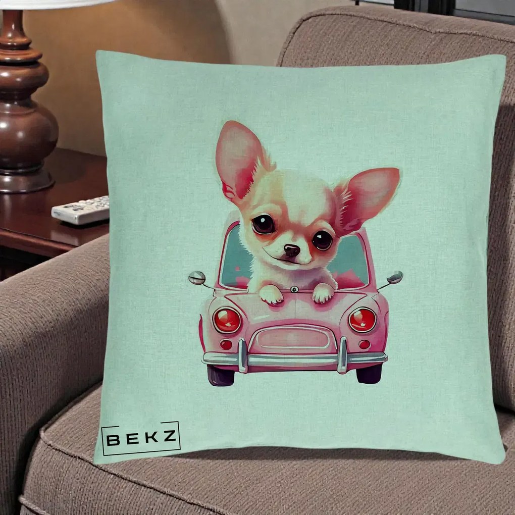 Perna Decorativa Chihuahua Roz in Masinuta, 40x40 cm, Verde Menta, Husa Detasabila, Perna Inclusa, BEKZ®