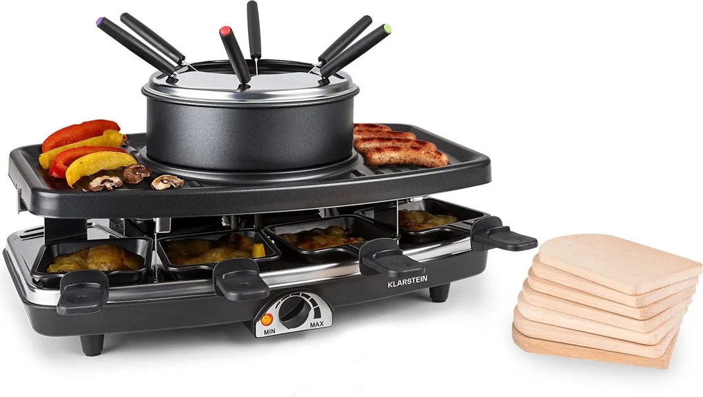 Klarstein Entrecote, 2 în 1 raclette grill & fondue, piatră naturală, 1100 W, 8 persoane, covorașe