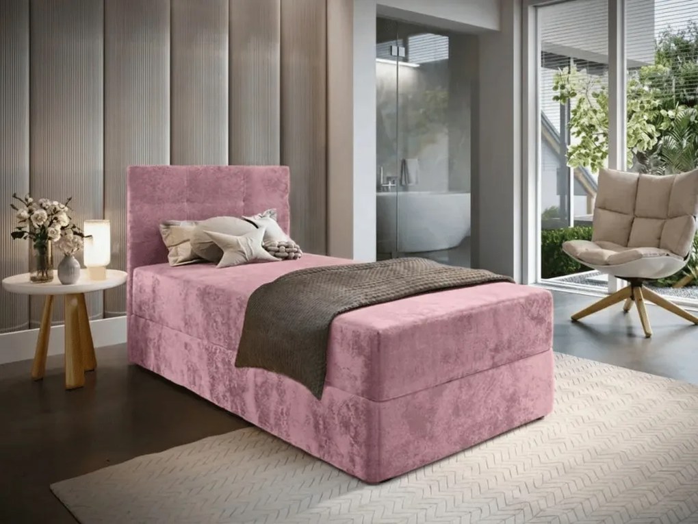 Pat tapițat boxspring GLORIEN VELVET 90x200 cm roz Saltea: Saltea cu arcuri Bonell