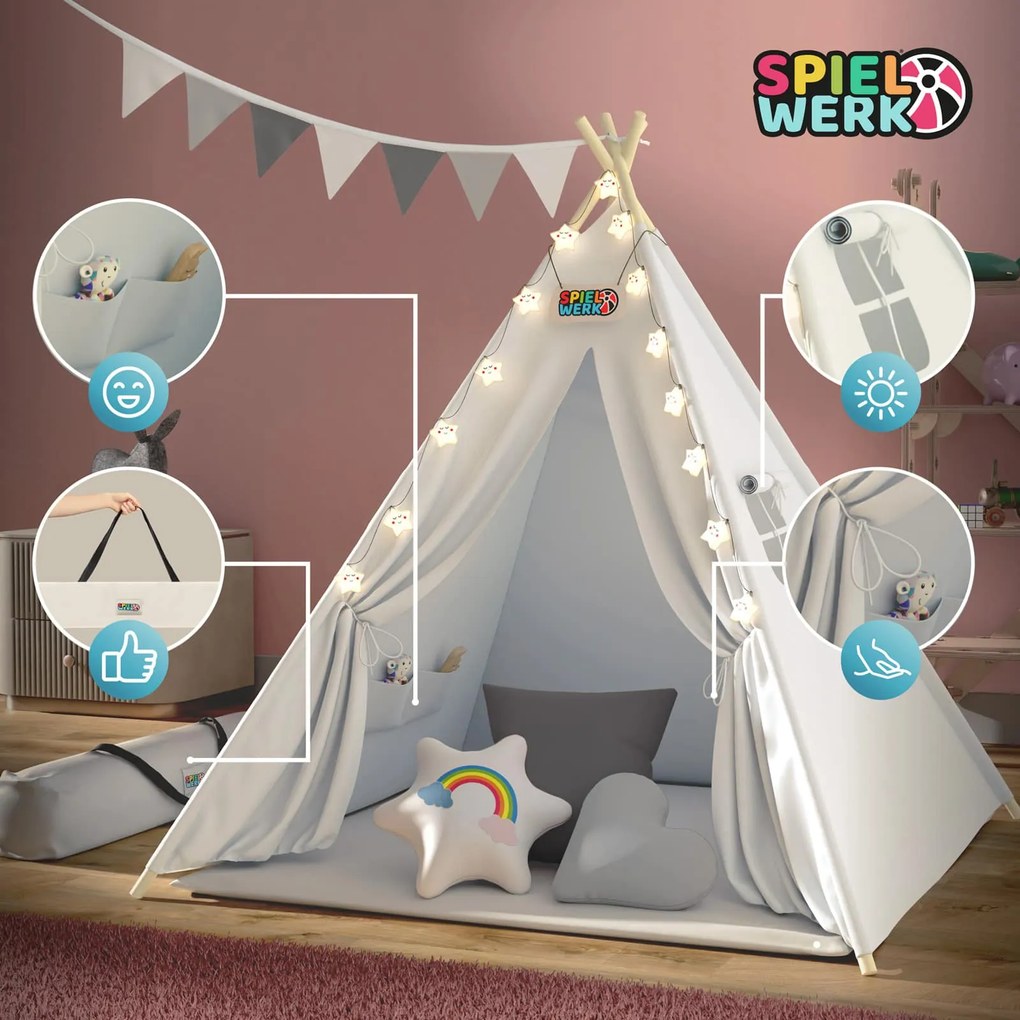 Spielwerk Cort tip teepee pentru copii JULIUS, 120x120x160cm, alb/gri