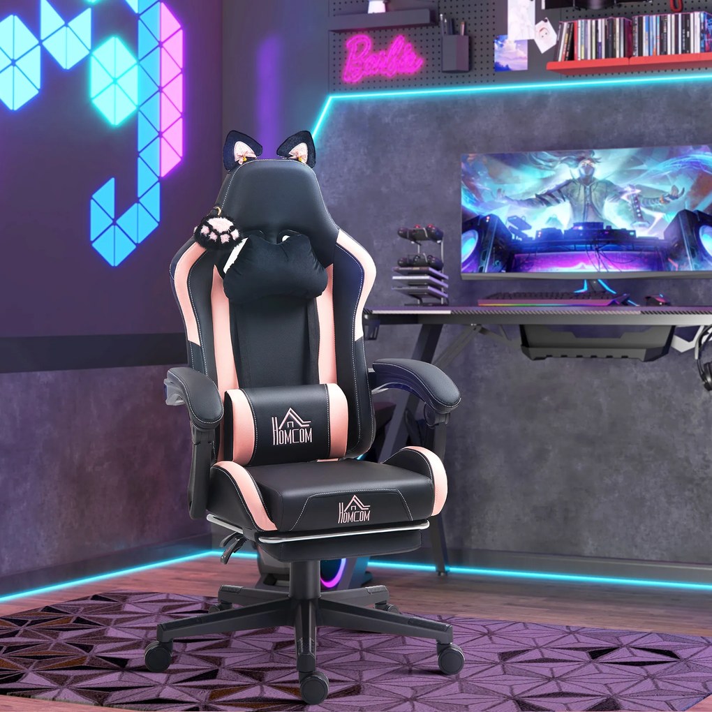 HOMCOM Scaun Gaming Ergonomic cu Urechi de Pisica, Roz | Aosom Romania