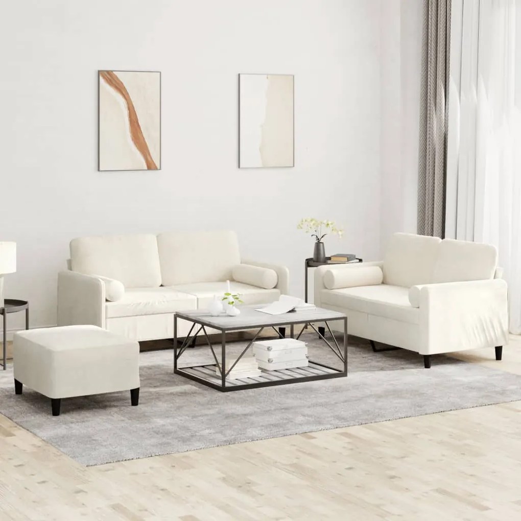 vidaXL Set de canapele cu perne, 3 piese, crem, catifea