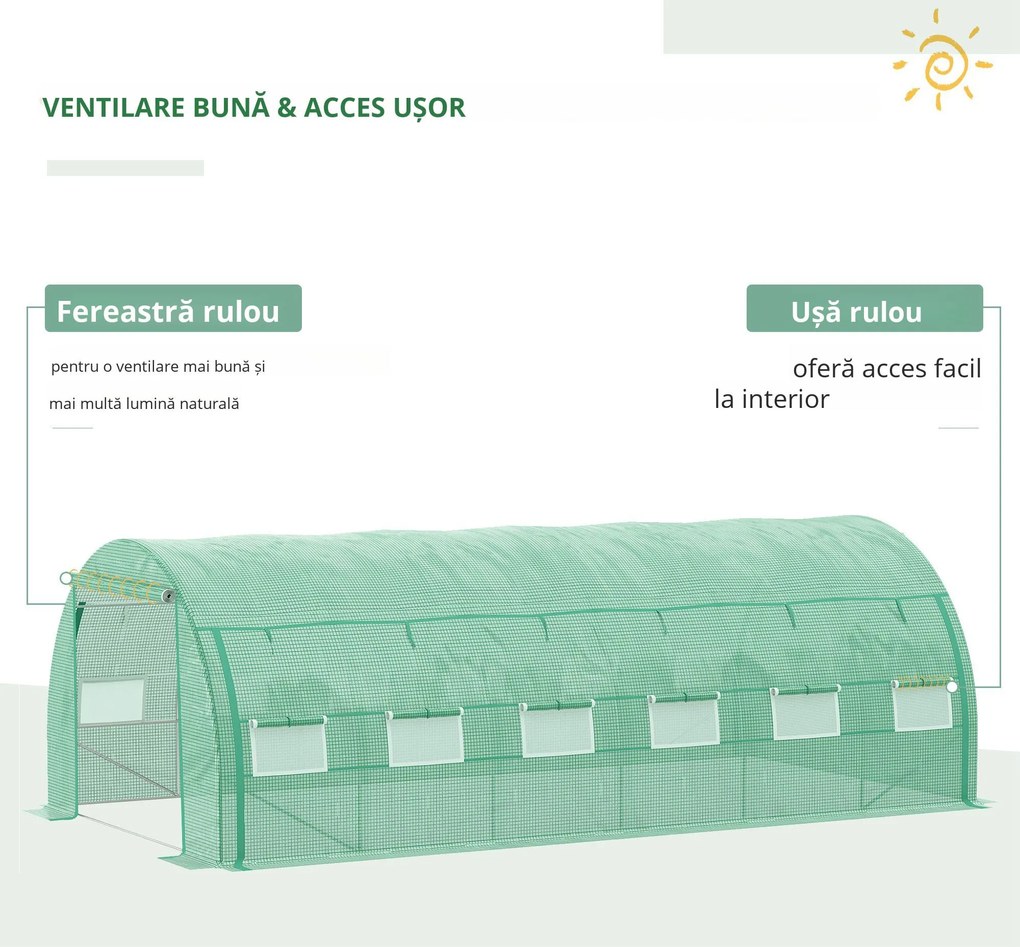 Outsunny Seră de grădină seră tunel 18 m² cu ușă, pereți laterali cu fermoar 12 ferestre oțel PE 4 x 3 x 2 m verde | Aosom Romania