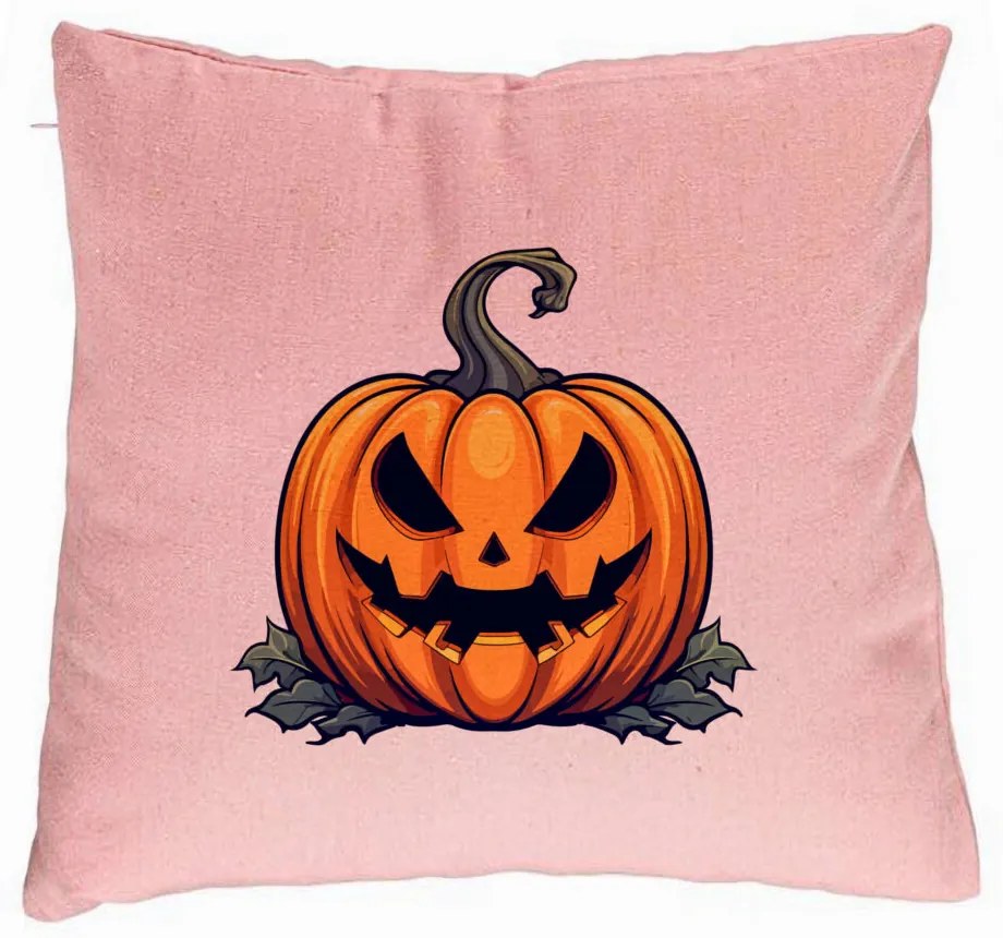 Perna Decorativa cu motiv Dovleac de Halloween 1, 40x40 cm, Roz, Husa Detasabila, Burduf