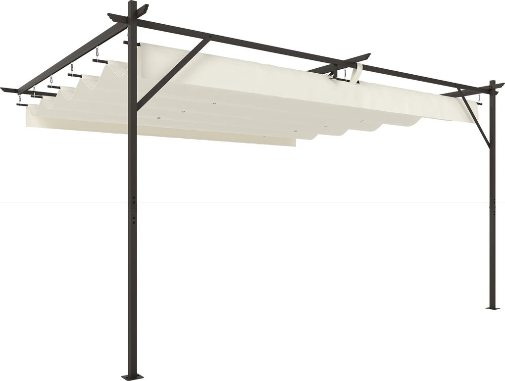 Outsunny Pergolă Montată pe Perete 3x4 m cu Acoperiș Retractabil Glisant, Găuri de Drenaj, Pergolă de Grădină din Poliester și Oțel, pentru Terasă, Grădină, Exterior, UV30+, Crem | Aosom Romania