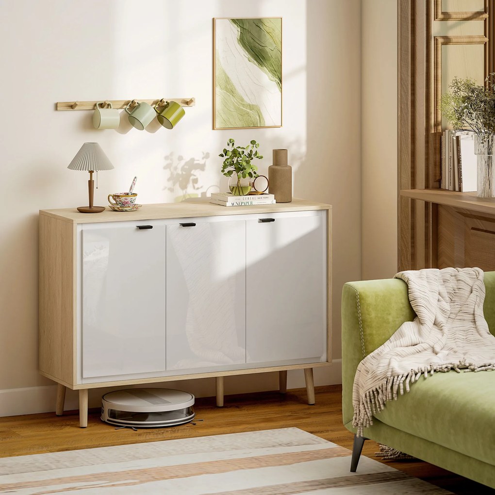 HOMCOM Bufet Modern cu 3 Uși și Raft Reglabil 107x35x77cm Alb și Stejar | Aosom Romania