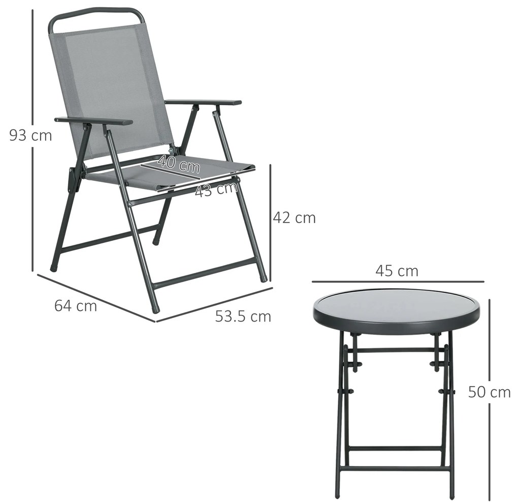 Outsunny Set de Exterior din 3 Piese cu Masă  cu Blat din Sticlă și 2 Scaune Pliabile din Plasă, Ф45x50 cm, Gri Deschis | Aosom Romania