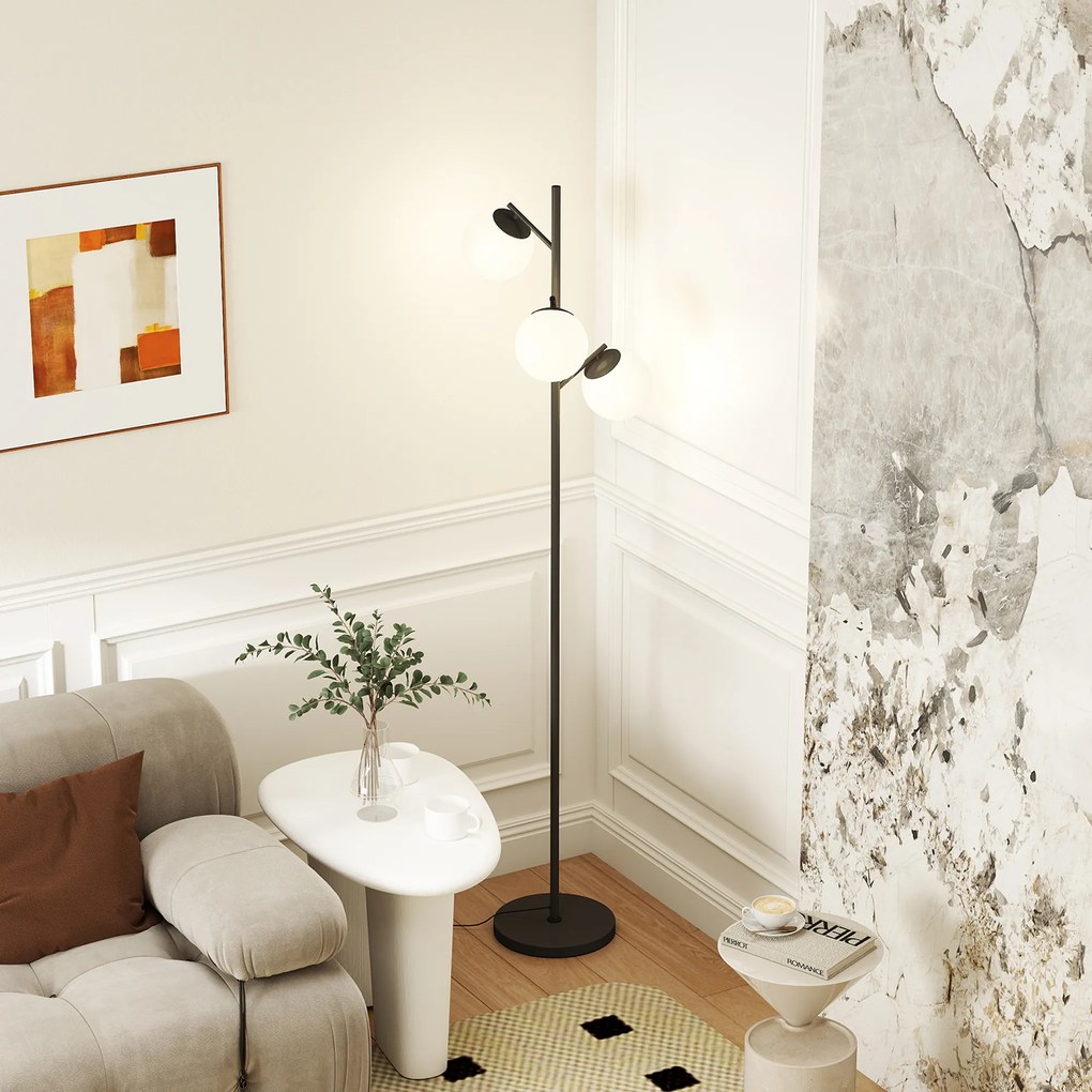 HOMCOM Lampadar de podea în metal cu 3 abajururi globe din sticlă mată albă 40W Ø 27 x 169 cm negru | Aosom Romania