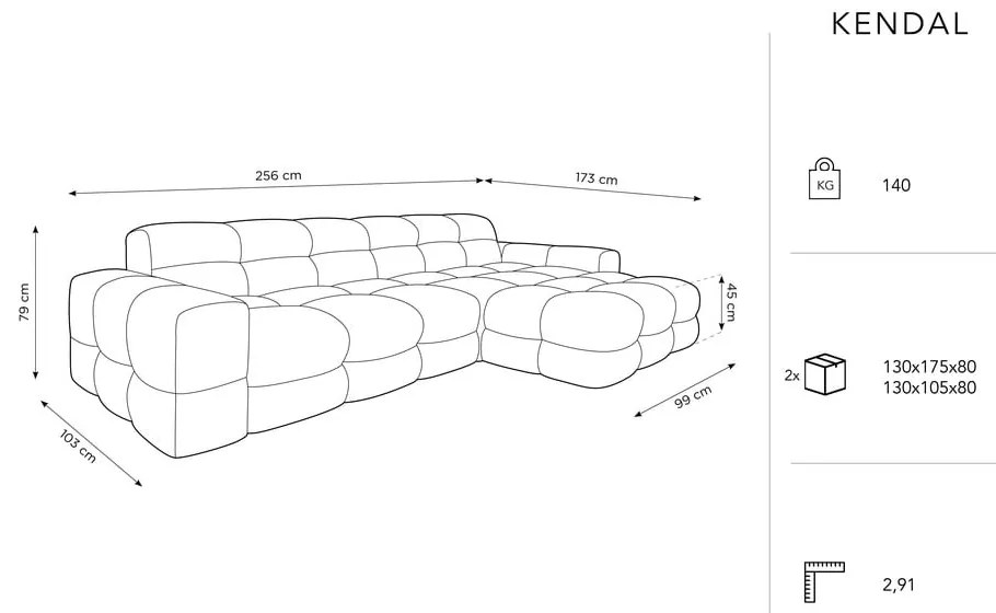 Colțar gri deschis cu tapițerie din catifea (pe partea dreaptă) Kendal – Micadoni Home