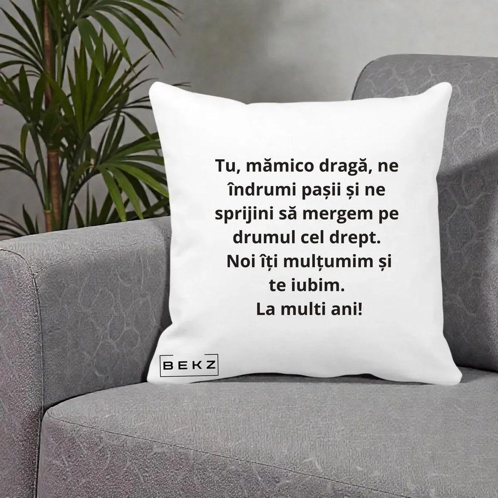 Cadou pentru Mama - Perna Personalizata Mamico Draga Te Iubim La Multi Ani cu Text Negru, 40x40 cm, Alba Mata, Husa Detasabila, Perna Inclusa, BEKZ®