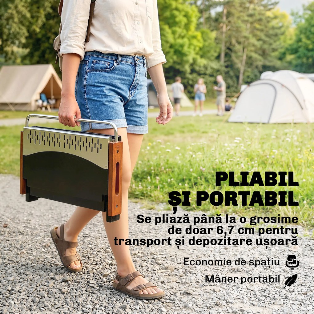 Outsunny Grătar Portabil cu Cărbune, Tava Detașabilă, din Oțel Inoxidabil și Metal, 50,5x34x33 cm, Negru | Aosom Romania