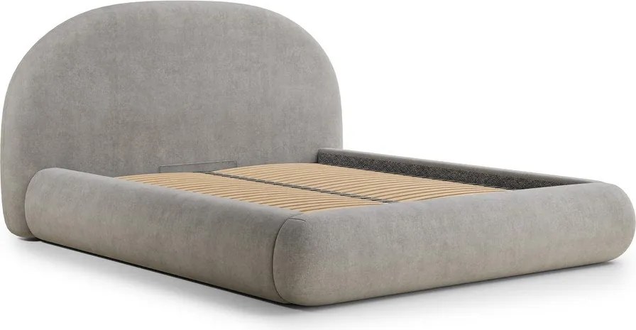 Pat matrimonial grej tapițat cu spațiu de depozitare cu somieră 160x200 cm Maumere – Maison de Rêve