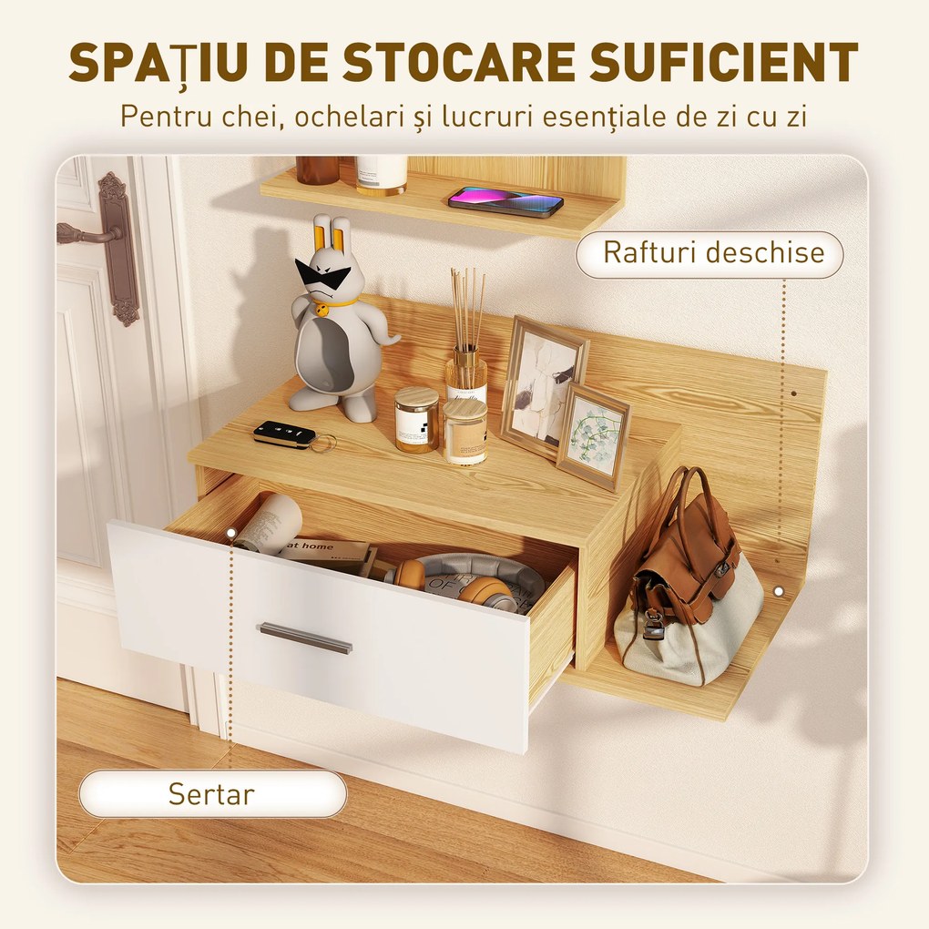 HOMCOM Set de Intrare cu Oglindă cu Raft și Dulap Suspendat cu Sertar și 2 Rafturi Deschise, din Lemn și Sticlă | Aosom Romania