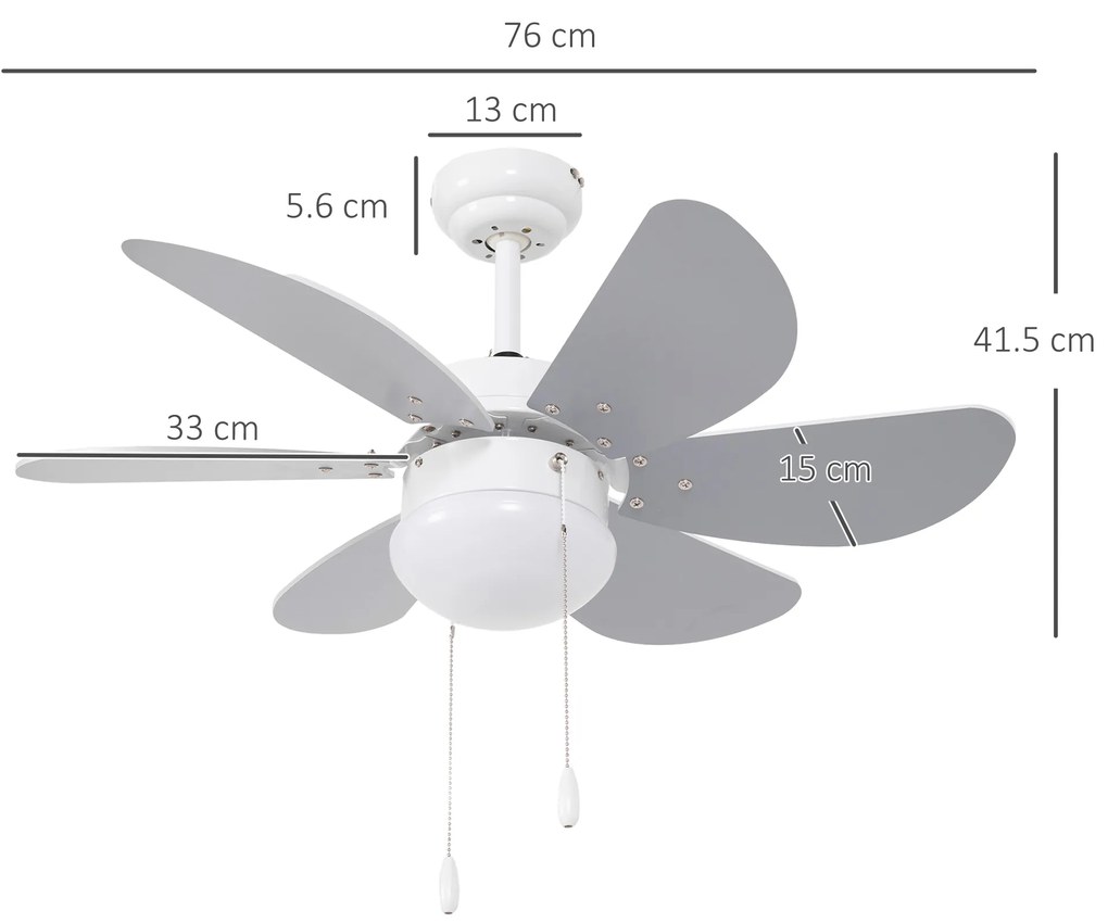 HOMCOM Ventilator de Tavan cu Lumină, Ventilator cu Montaj Incastrat, 6 Palete Reversibile și Întrerupător cu Lanț, Ø76x41.5 cm, Gri | Aosom Romania