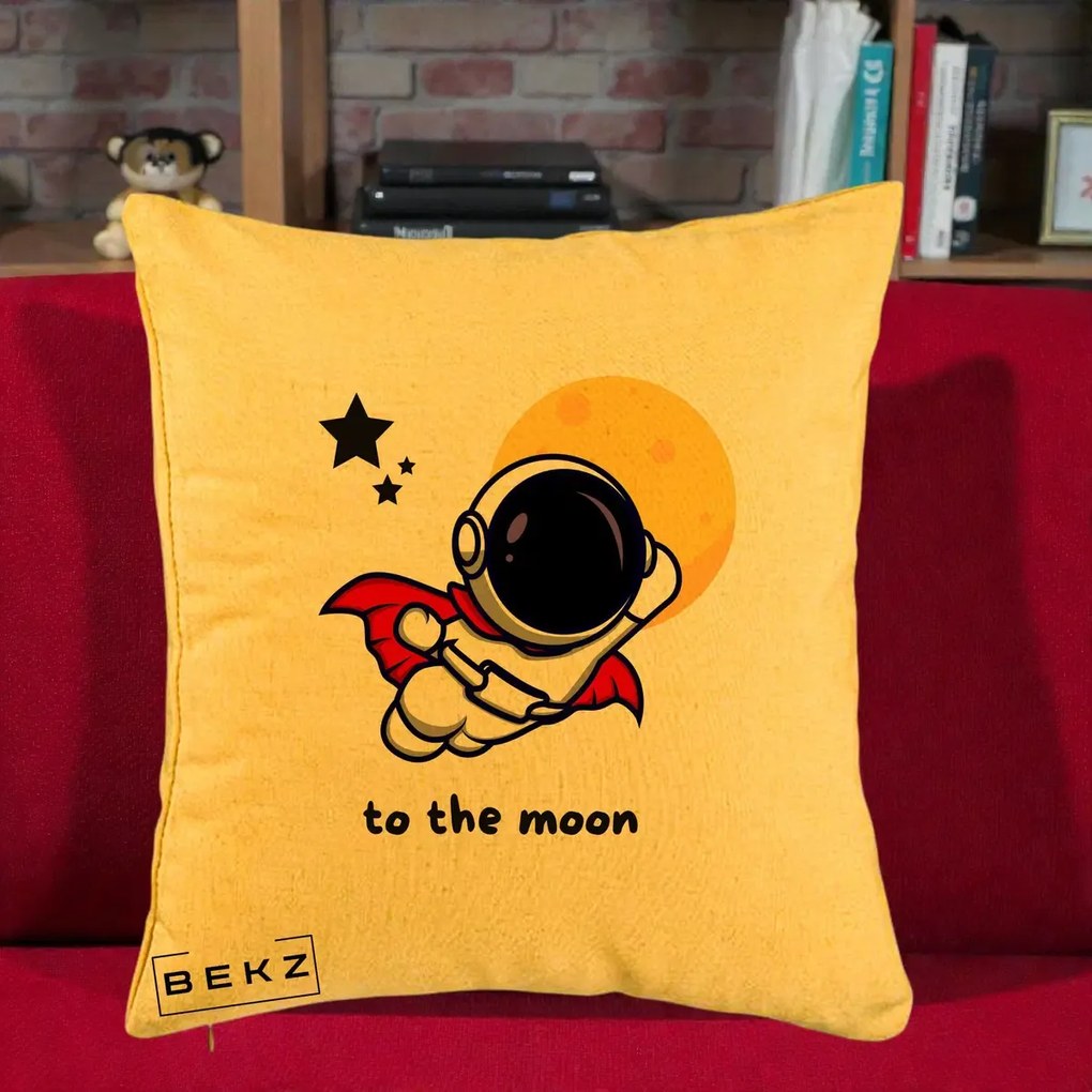 Perna Decorativa Astronaut To The Moon, 40x40 cm, Galben, Husa Detasabila, Perna Inclusa, BEKZ®