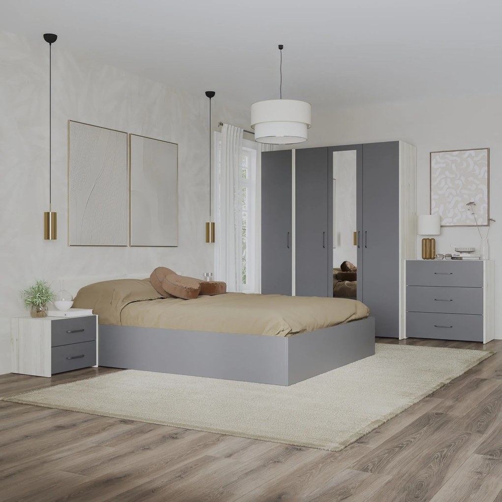 Set dormitor Malmo V8, Pat 200 x 140 cm, Stejar Alb/Antracit